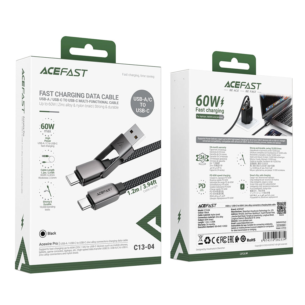 Cablu Acefast (C13-04), Fast Charge, Type-C to USB, Type-C, 60W, 3A, Bend-Resistant, Zinc Alloy, 1.2m, Negru
