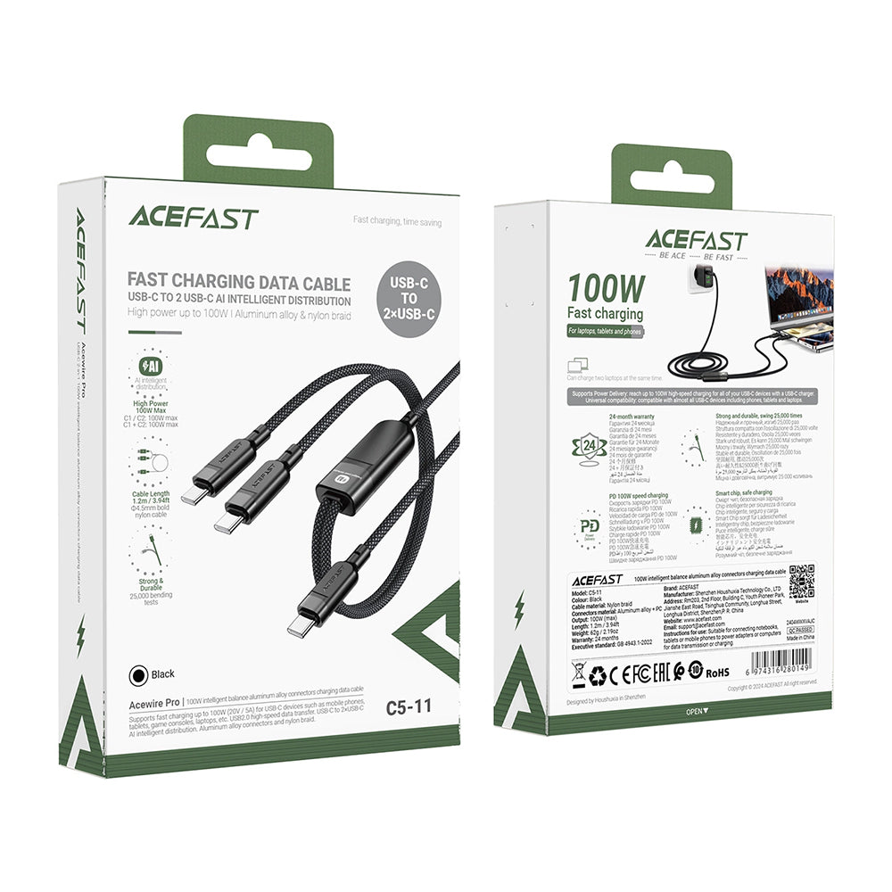 Cablu Acefast (C5-11), Fast Charging, USB-C to 2x Type-C, 2in1, 100W, 20V/5A, 480Mb/s, 1.2m, Negru