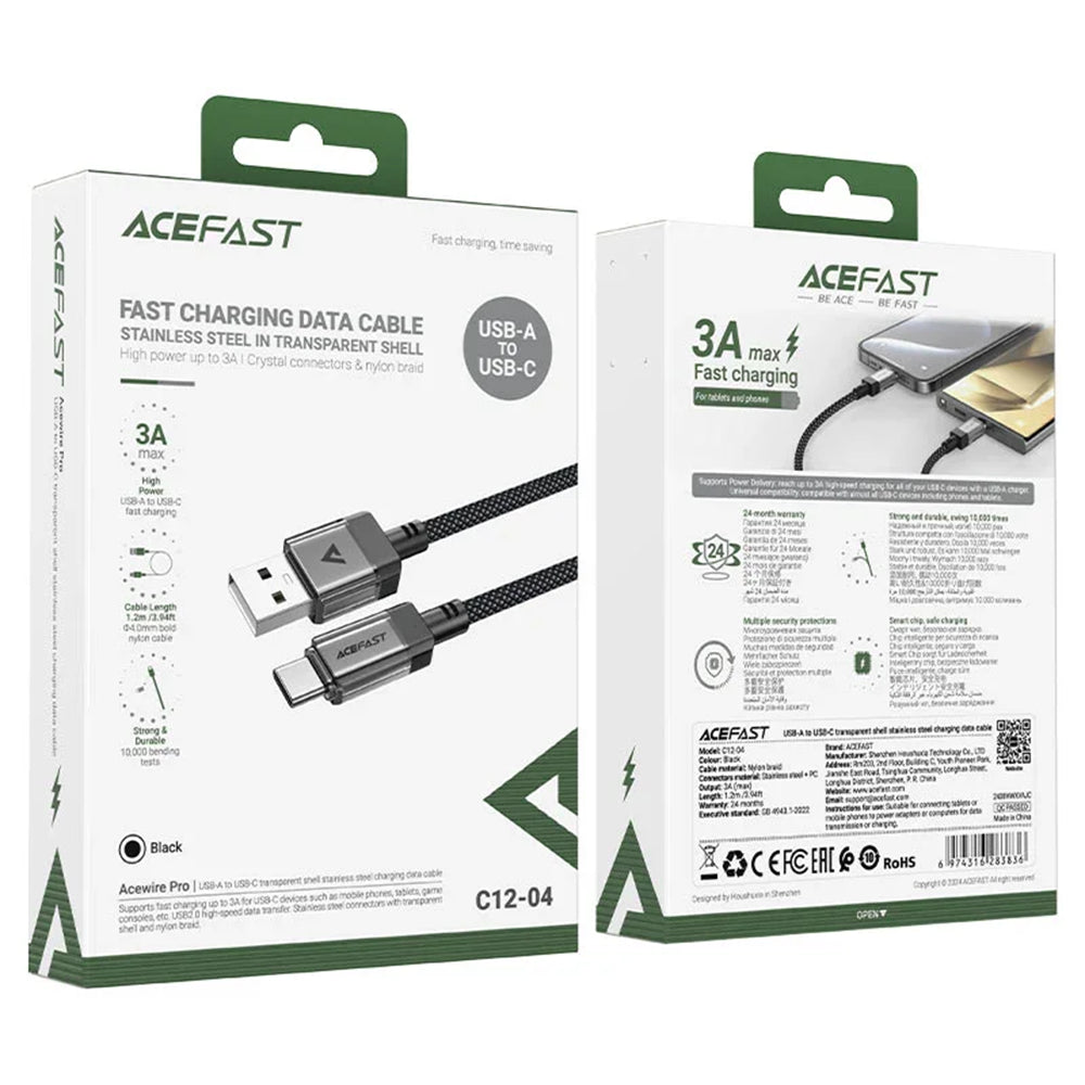 Cablu Acefast (C12-04), Fast Charging, USB to Type-C, 3A, Transparent Shell, Braided Nylon, 1.2m, Negru