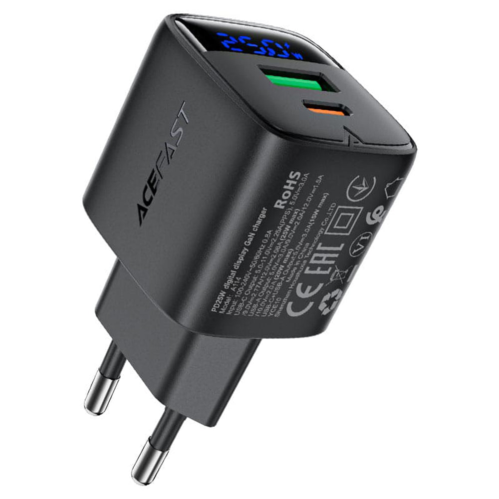 Incarcator Acefast (A114), with Digital Display, Fast Charging, GaN, USB, Type-C, PD25W, 5V/3A, Negru