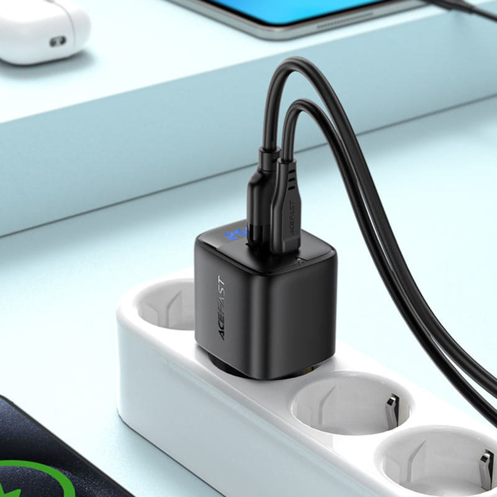 Incarcator Acefast (A114), with Digital Display, Fast Charging, GaN, USB, Type-C, PD25W, 5V/3A, Negru