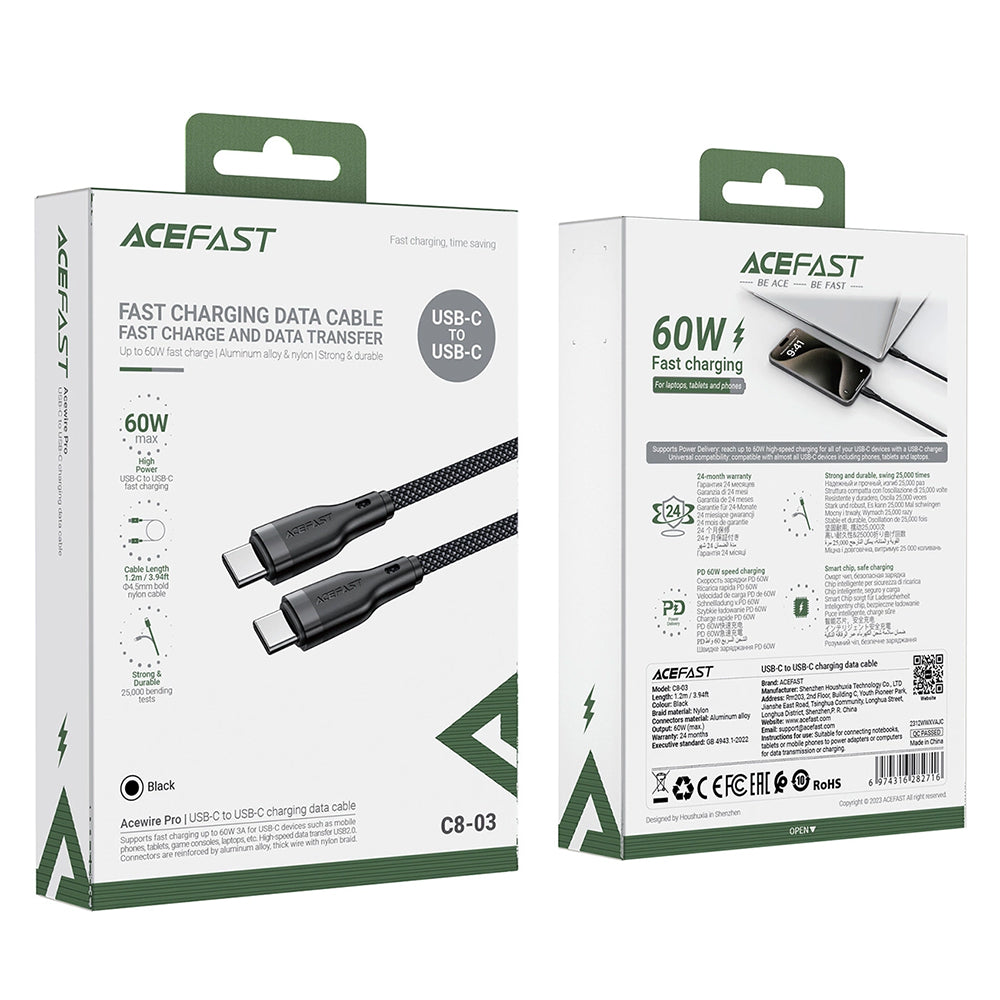 Cablu Acefast (C8-03), Fast Charging, Type-C to Type-C, 60W, 3A, Nylon Braided, 25.000 Bends, 1.2m, Negru