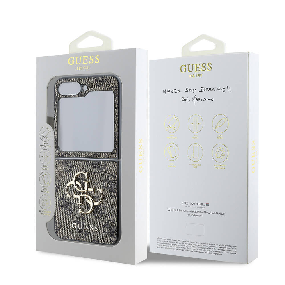 Husa de protectie Guess Leather 4G Metal Logo (GUHCZF74GMGBR) compatibil cu Samsung Galaxy Z Flip7, Maro