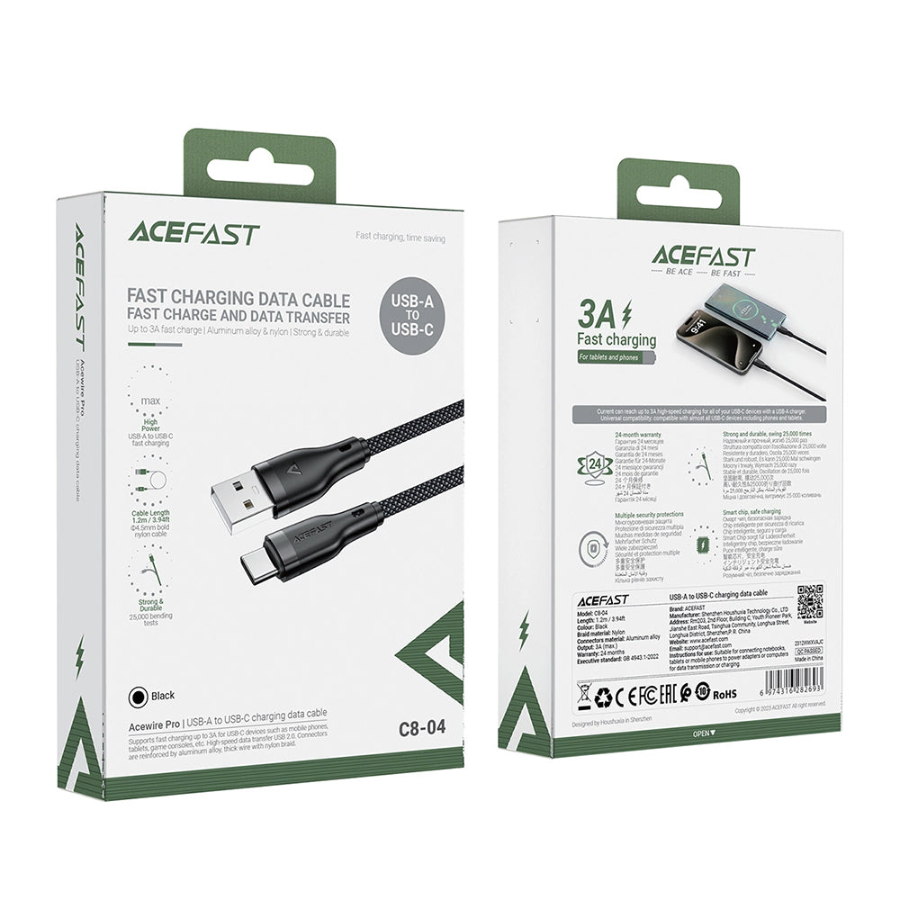 Cablu Acefast (C8-04), Fast Charging, USB to Type-C, 3A, Nylon Braided, 25.000 Bends, 1.2m, Negru