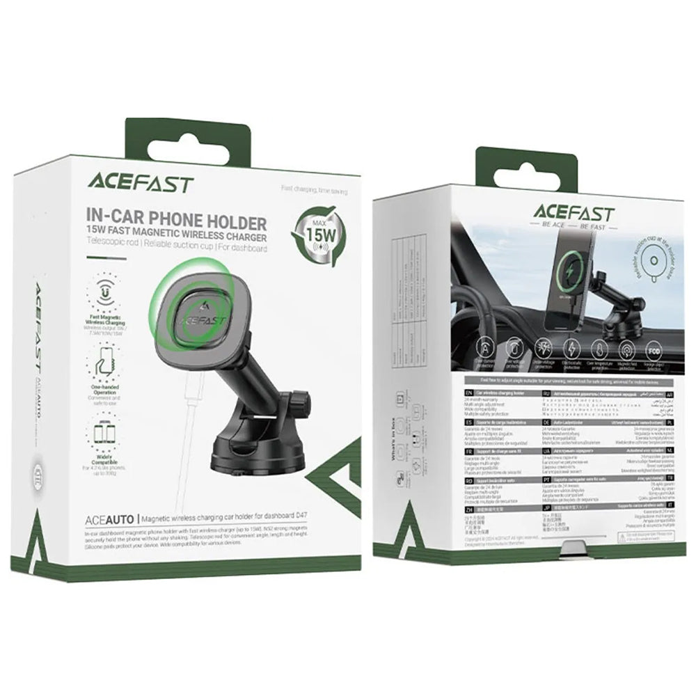 Suport Acefast with Wireless Charging (D47), for Dashboard, Magnetic Grip, Lock Clip, 15W, for 4.7-6.9" Phones, Negru