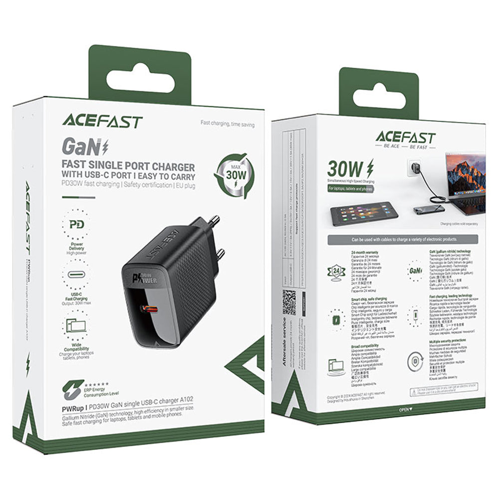 Incarcator Acefast (A102), GaN, Fast Charging, Type-C, PD30W, Smart Chip, Negru