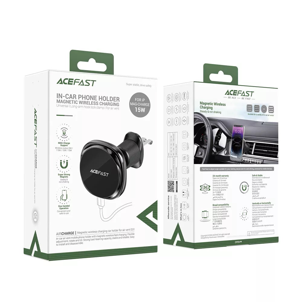 Suport Acefast with Wireless Charging (D31), for iPhone, MagSafe, 360° Adjustable, for Air Vent, 12V/2A, 15W, Negru