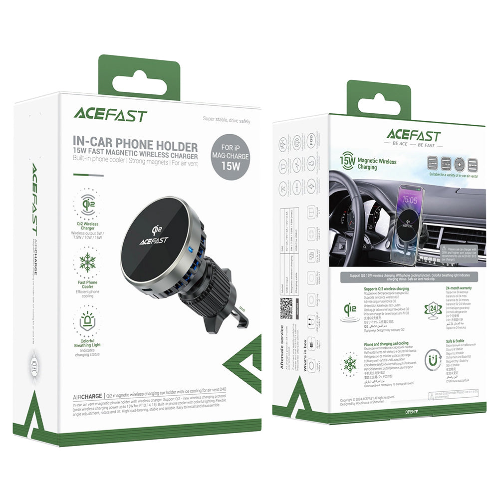 Suport Acefast with Wireless Charging (D40), for Air Vent, Magnetic Grip, Ice Cooling, Qi2, USB-C, 15W, Metal Gray