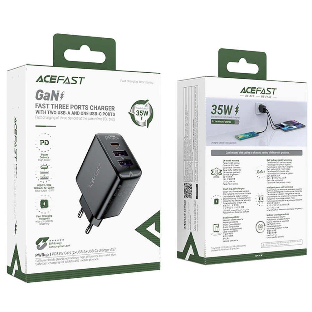 Incarcator Acefast (A57), GaN, Fast Charging, 2x USB, Type-C, PD35W, Smart Chip, Negru