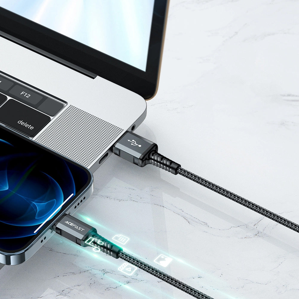 Cablu Acefast (C1-02), USB to Lightning, 2.4A, Fast Charging, MFi Certification, Nylon Braid, 1.2m, Negru