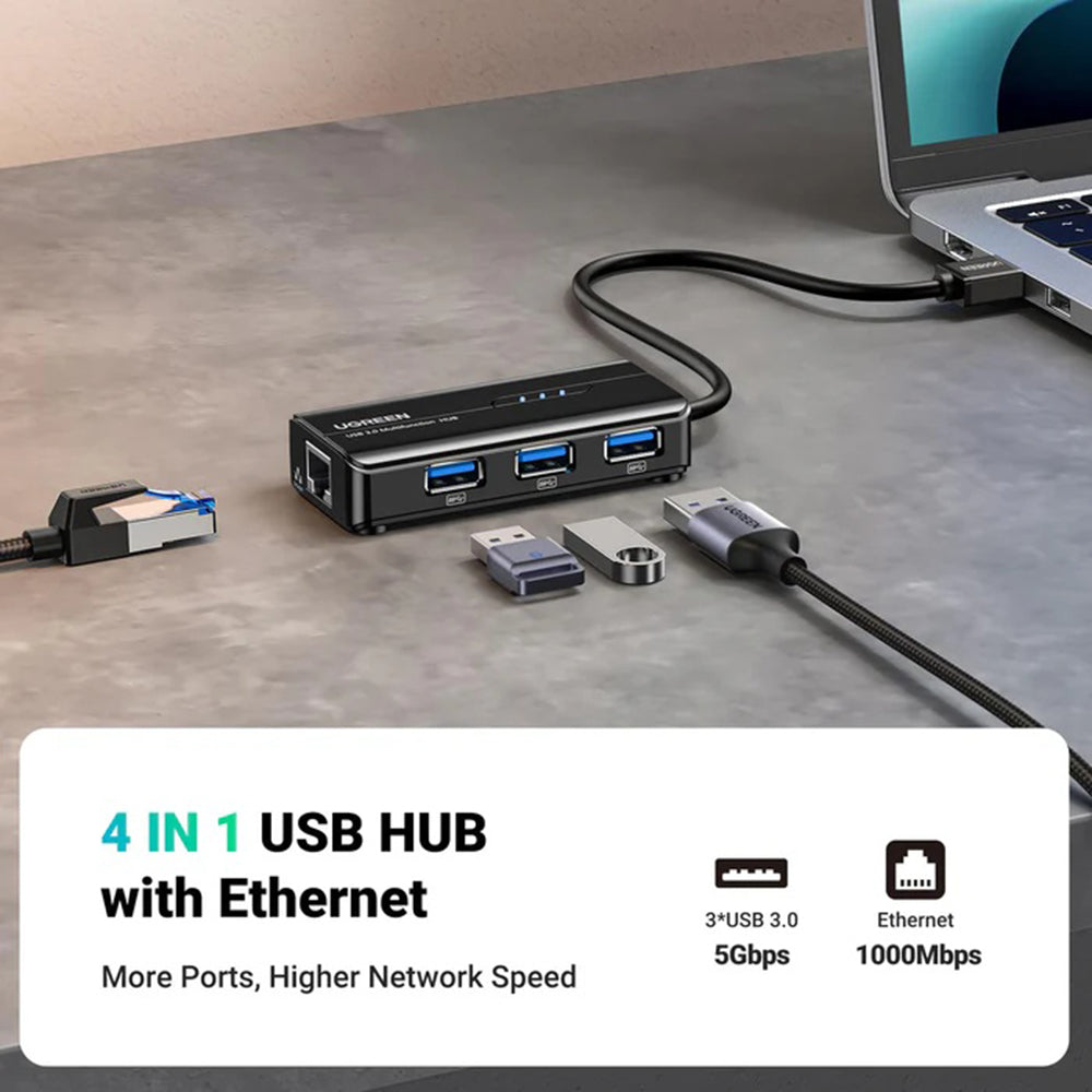 Hub/Dock Ugreen Ethernet Adapter (20265), USB to 3x USB, RJ45 LAN Port, Plug & Play, 1000Mbps, 5Gbps, 20cm, Negru