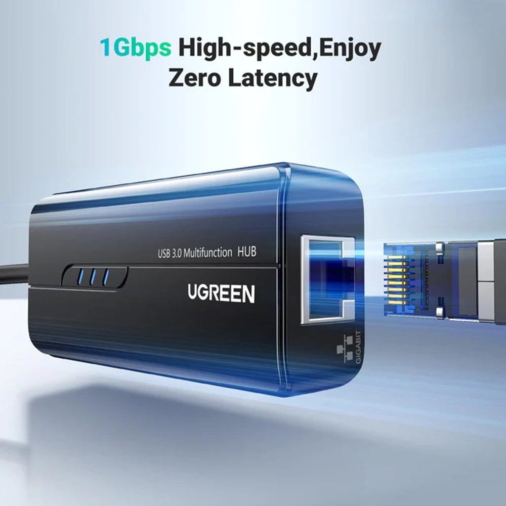 Hub/Dock Ugreen Ethernet Adapter (20265), USB to 3x USB, RJ45 LAN Port, Plug & Play, 1000Mbps, 5Gbps, 20cm, Negru
