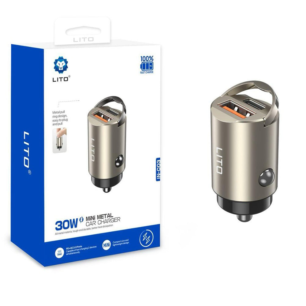 Incarcator Lito Car (IN-C03), 1x USB, 1x Type-C, 30W, Fast Charging, Ultra-Mini & Sleek Design, Universal, Gunmetal