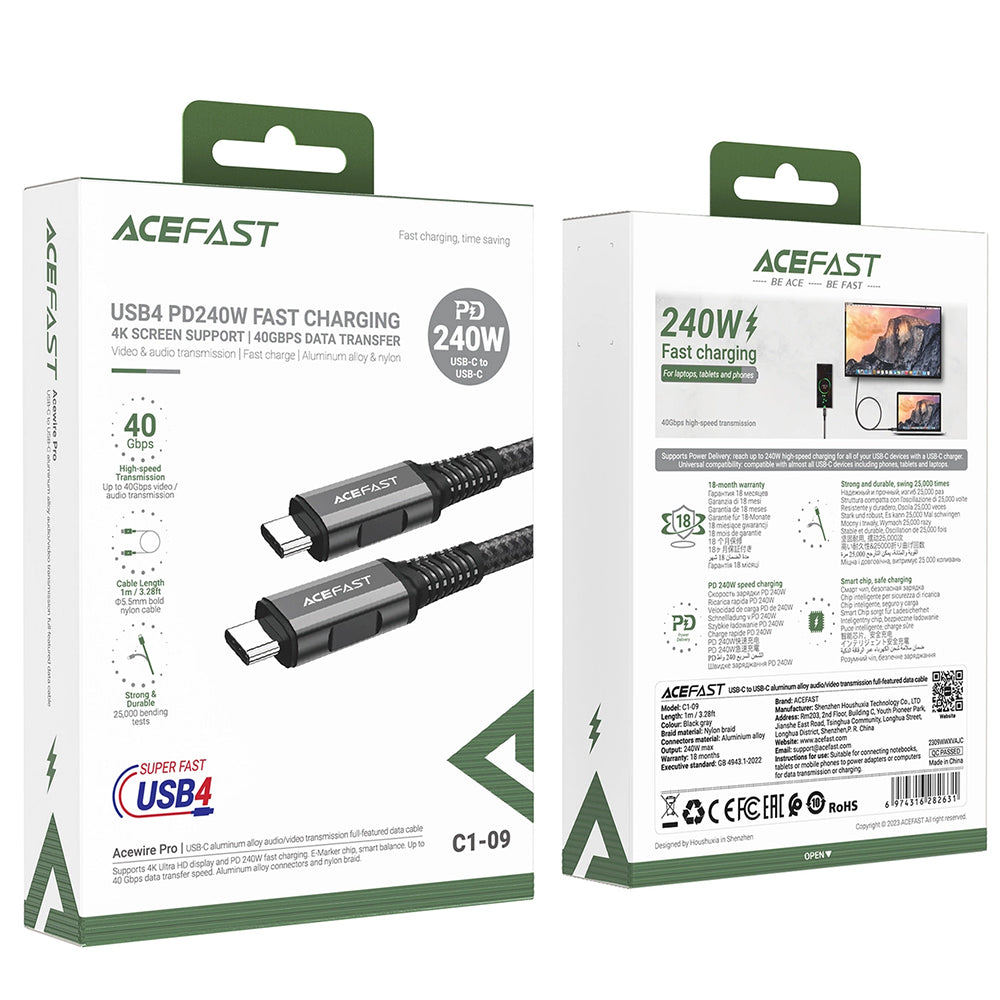 Cablu Acefast (C1-09), SuperCharge, Audio-Video, USB-C to USB-C, 40Gbps, 4K, 5A, 240W, PD3.1, USB4, 1m, Gri / Black