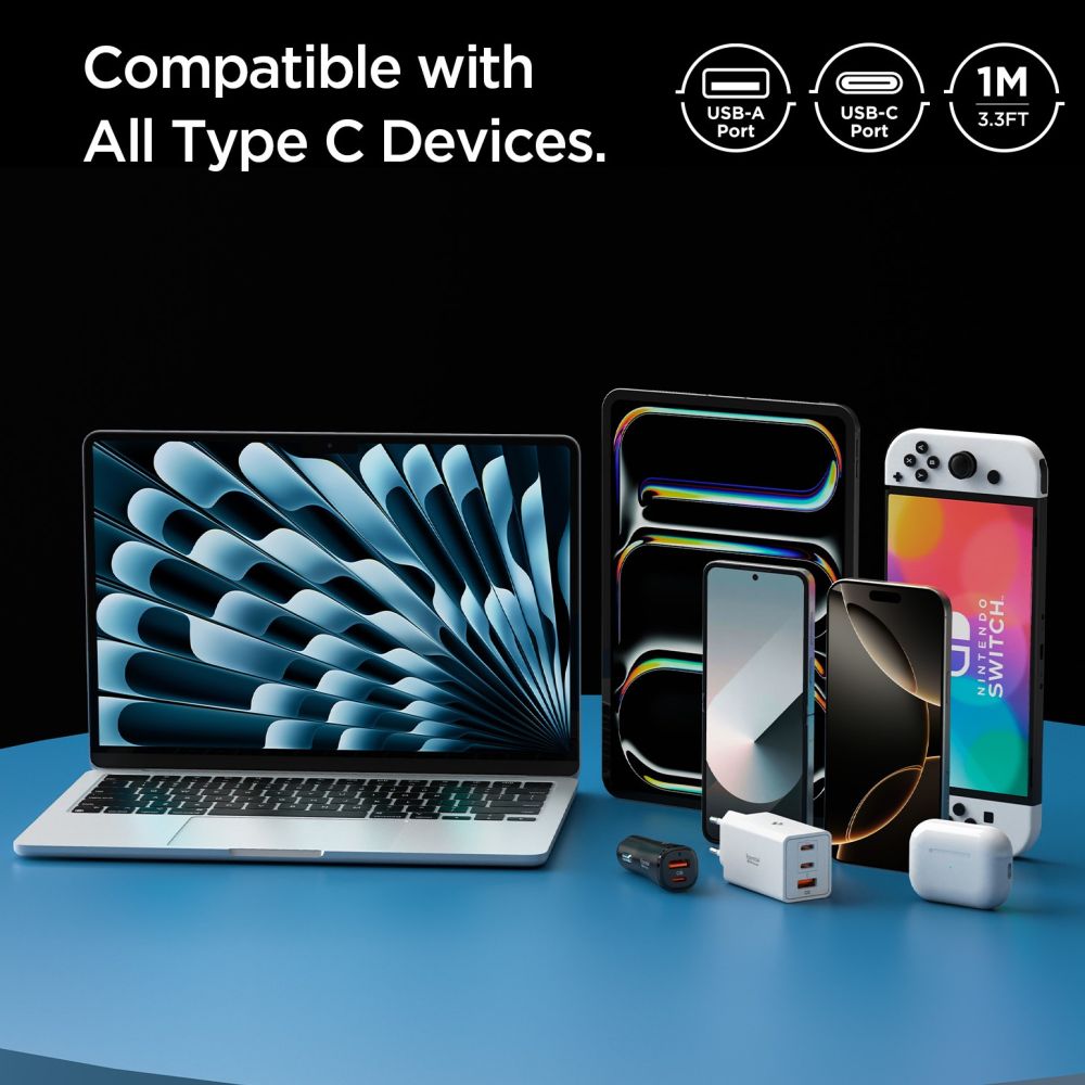 Cablu Spigen Essential EB6010AC (ACA08715), Fast Charging, USB to Type-C, 60W, 480Mbps, 1m, Alb