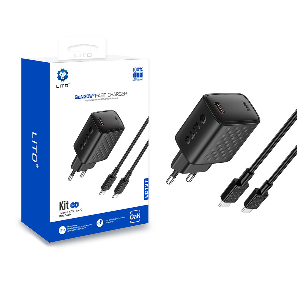 Incarcator Lito (LC13T), with Type-C Cable Included, Type-C, PD20W, GaN, PC Fireproof, EU Plug, Negru