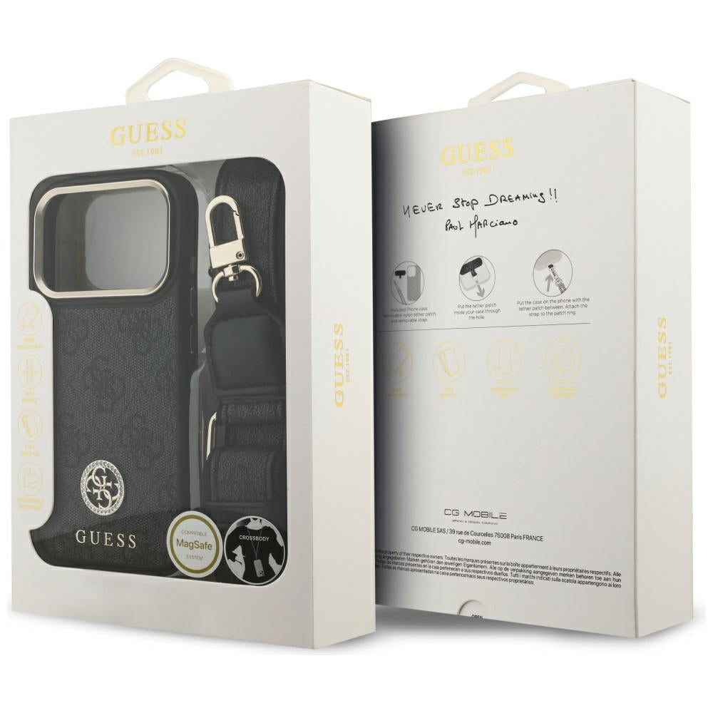 Husa de protectie Guess 4G Strass Logo with Big Strap Metal Button MagSafe (GUHMP17LP4G4DCSK) compatibil cu iPhone 17 Pro, Negru