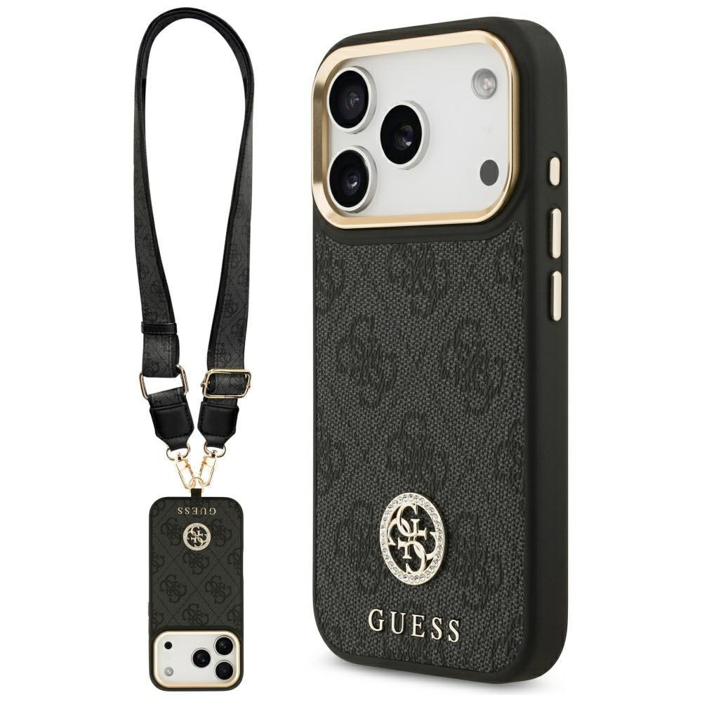 Husa de protectie Guess 4G Strass Logo with Big Strap Metal Button MagSafe (GUHMP17LP4G4DCSK) compatibil cu iPhone 17 Pro, Negru