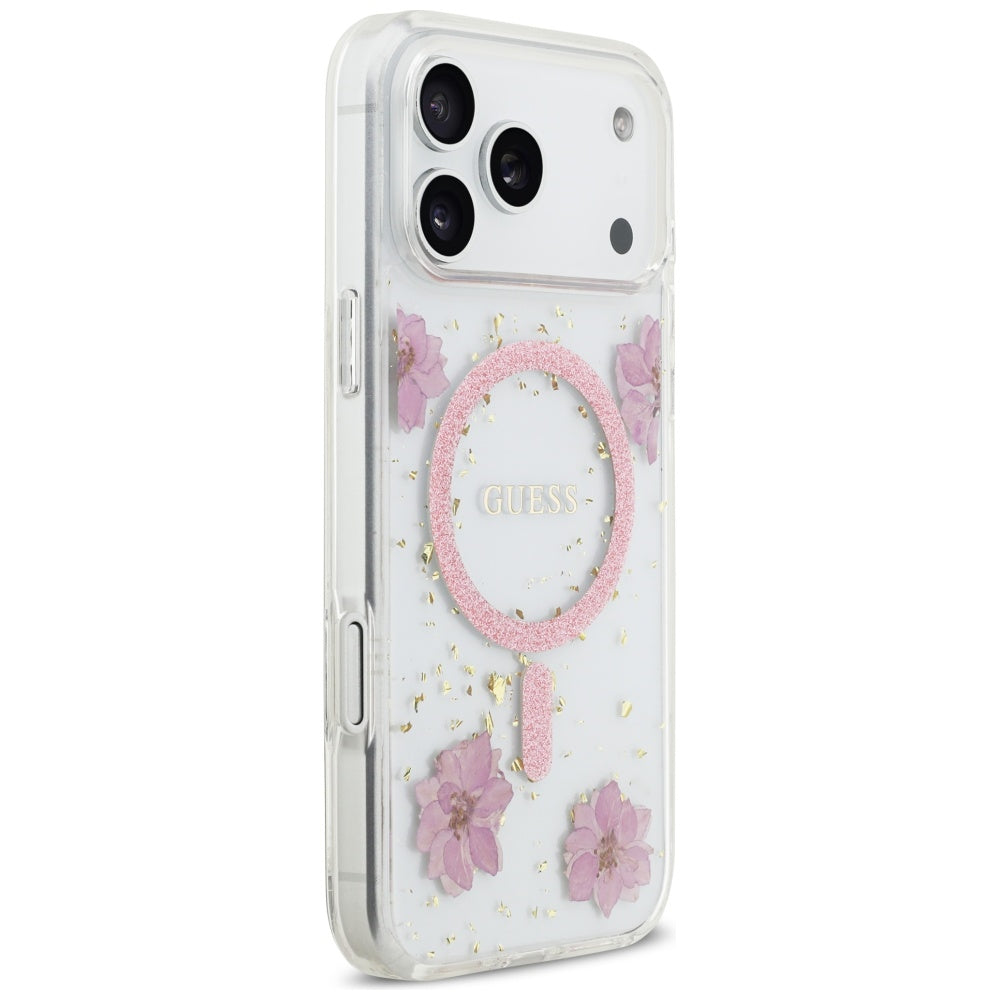 Husa de protectie Guess Resin Flowers and Glitter compatibil cu iPhone 17 Pro, Roz