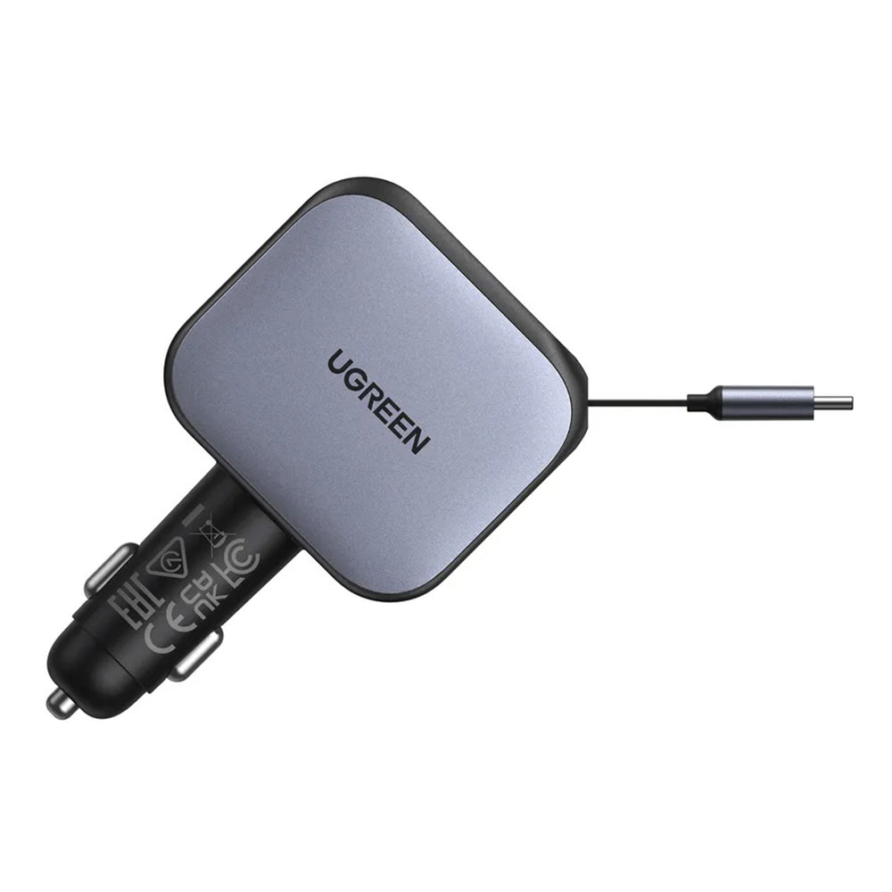 Incarcator Ugreen Car EC604 (55910B), with Retractable USB-C Cable, Dual-Port, 145W, 70cm, Negru