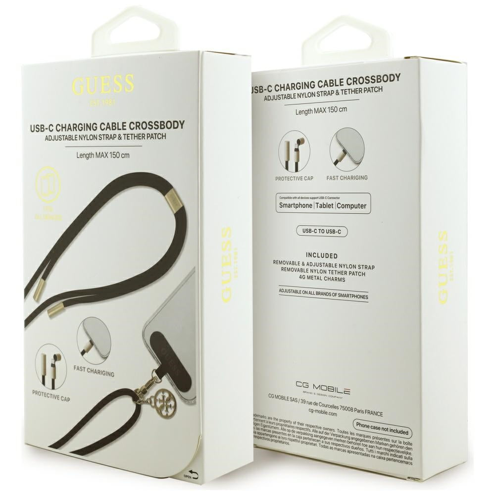 Cablu Guess CBDY 4G Charm (GUCCUCNY4GDK), USB-C to USB-C, Fast Charge, Adjustable Strap, Protective Cap, 1.5m, Negru