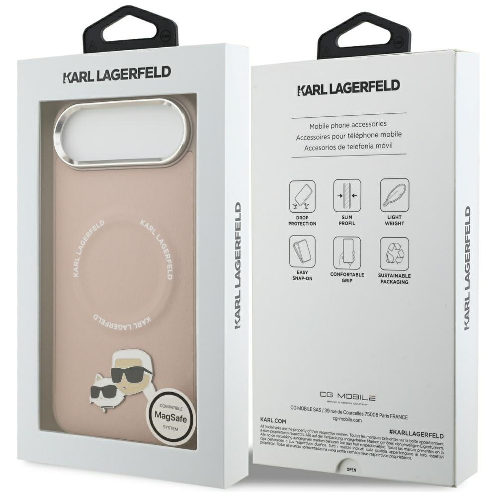 Husa de protectie Karl Lagerfeld Leather Karl & Choupette Pins MagSafe (KLHMP17MPSMLRKCP) compatibil cu iPhone 17 Air, Roz