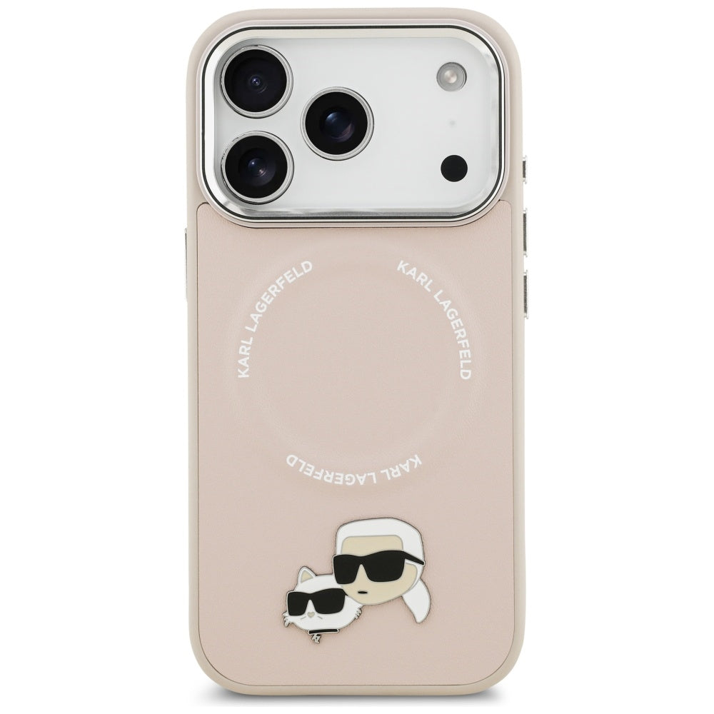 Husa de protectie Karl Lagerfeld Leather Karl & Choupette Pins MagSafe (KLHMP17LPSMLRKCP) compatibil cu iPhone 17 Pro, Roz