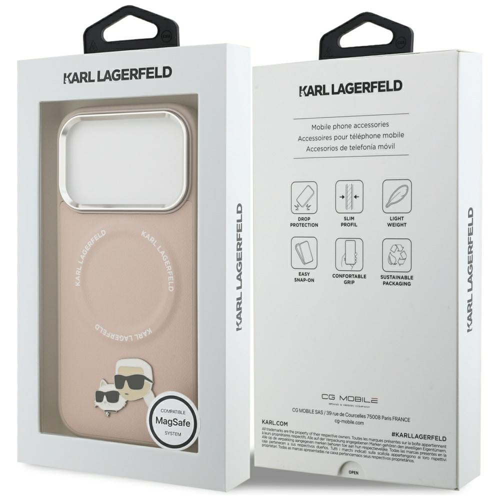 Husa de protectie Karl Lagerfeld Leather Karl & Choupette Pins MagSafe (KLHMP17LPSMLRKCP) compatibil cu iPhone 17 Pro, Roz
