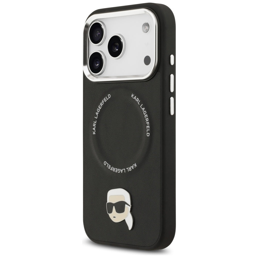 Husa de protectie Karl Lagerfeld Leather Karl Pin MagSafe (KLHMP17XPSMLRKLK) compatibil cu iPhone 17 Pro Max, Negru