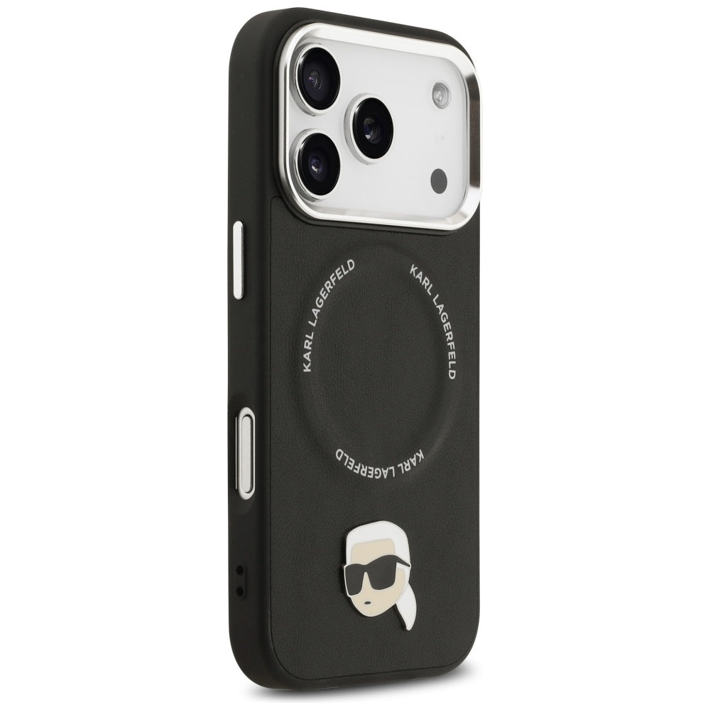 Husa de protectie Karl Lagerfeld Leather Karl Pin MagSafe (KLHMP17XPSMLRKLK) compatibil cu iPhone 17 Pro Max, Negru