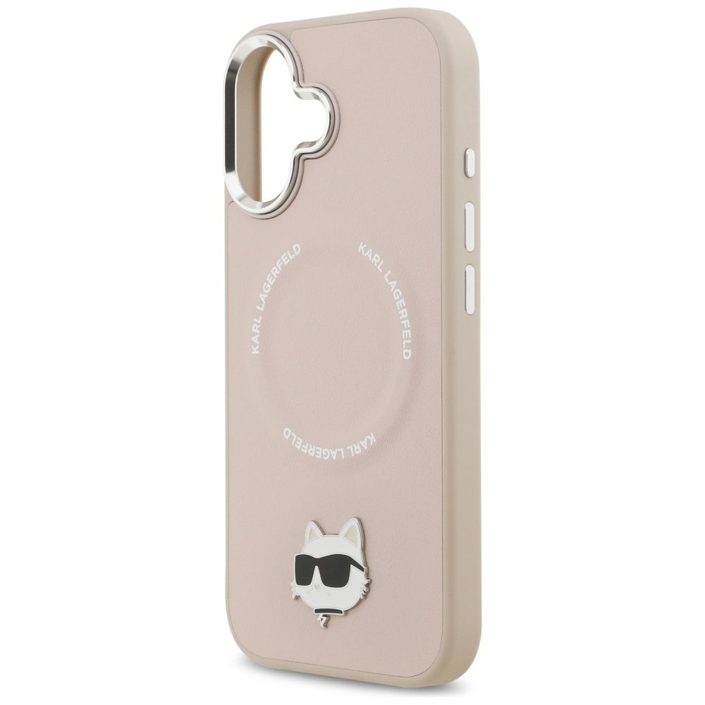 Husa de protectie Karl Lagerfeld Leather Choupette Pin MagSafe (KLHMP17SPSMLRCHP) compatibil cu iPhone 17, Roz