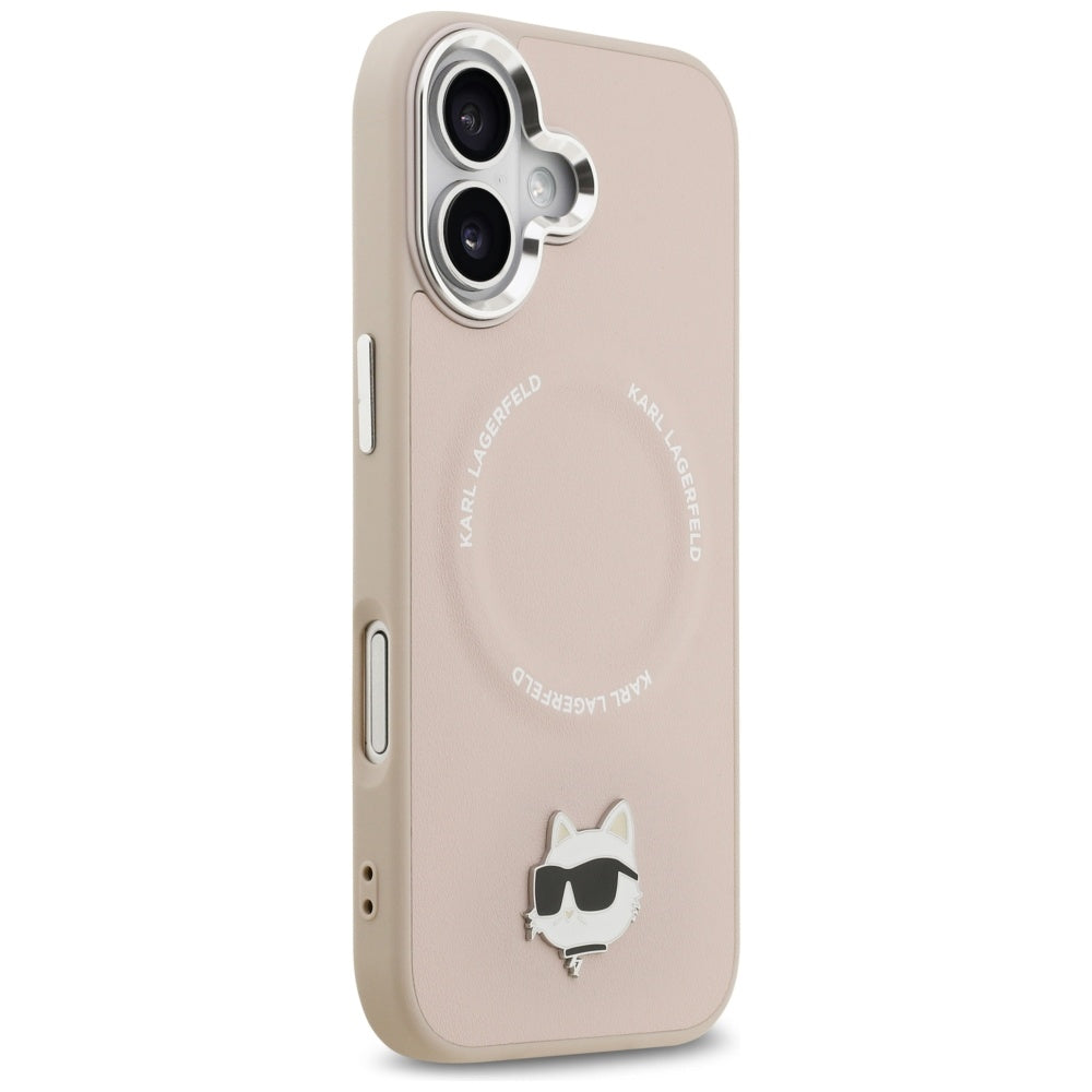 Husa de protectie Karl Lagerfeld Leather Choupette Pin MagSafe (KLHMP17SPSMLRCHP) compatibil cu iPhone 17, Roz