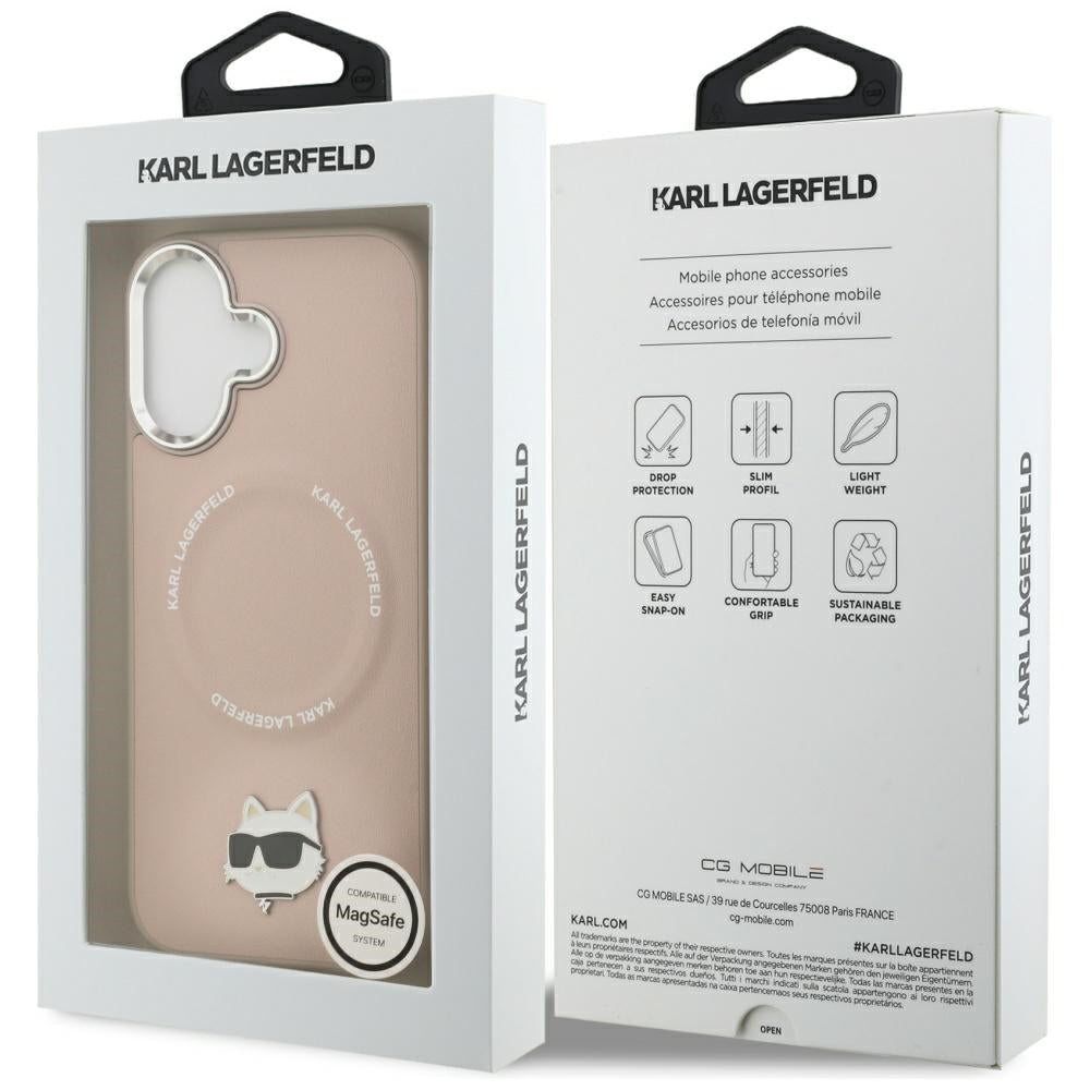 Husa de protectie Karl Lagerfeld Leather Choupette Pin MagSafe (KLHMP17SPSMLRCHP) compatibil cu iPhone 17, Roz