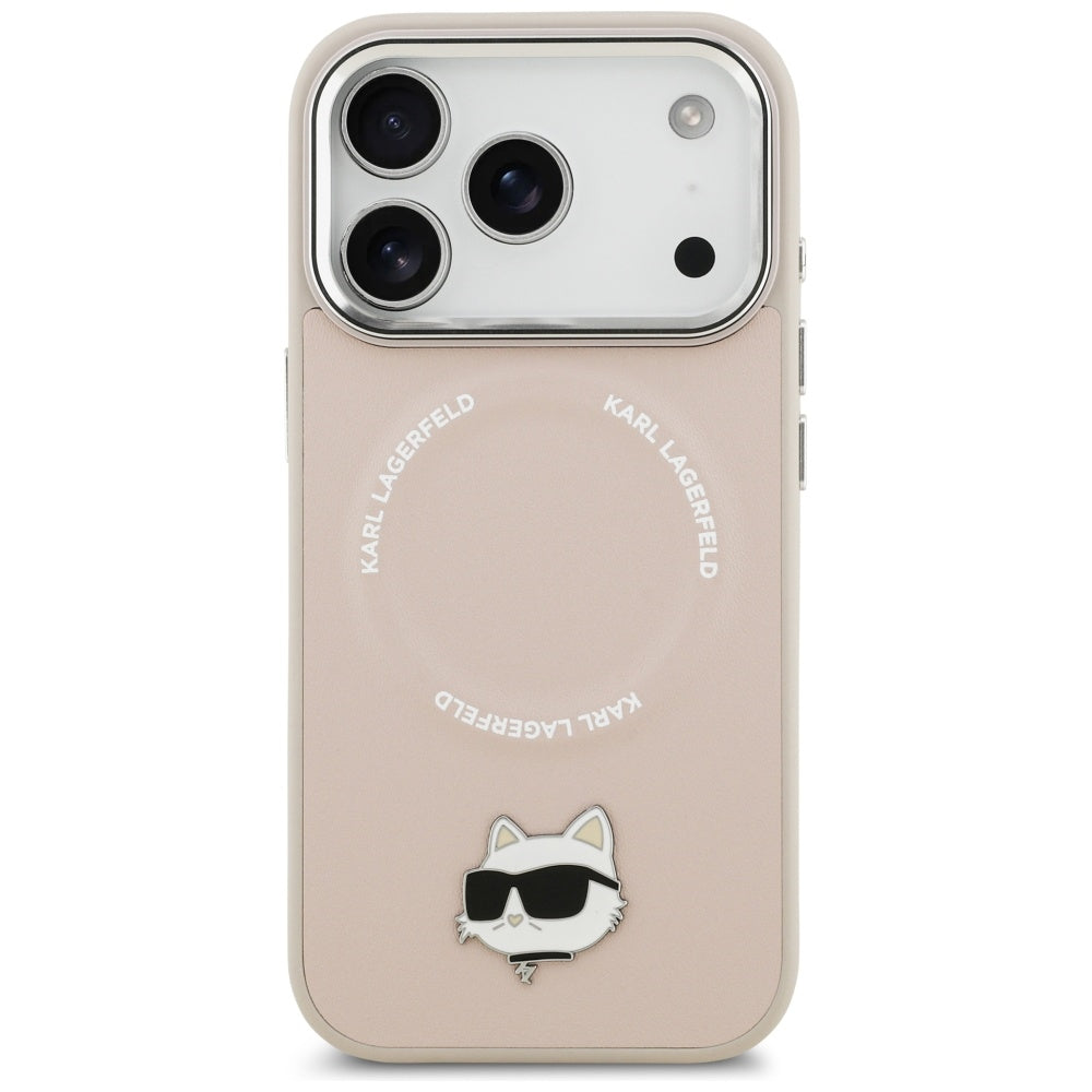 Husa de protectie Karl Lagerfeld Leather Choupette Pin MagSafe (KLHMP17XPSMLRCHP) compatibil cu iPhone 17 Pro Max, Roz