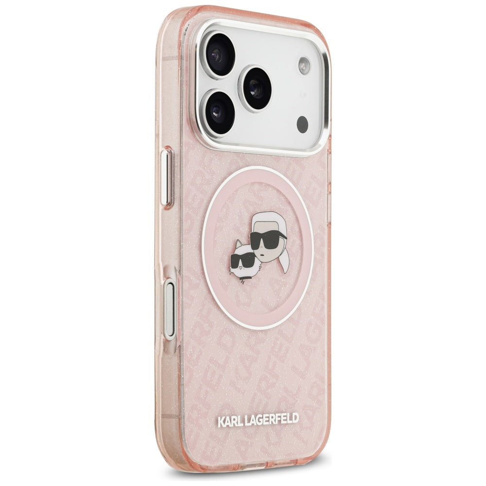 Husa de protectie Karl Lagerfeld IML Glitter K&C Heads Logo MagSafe (KLHMP17LHMKBKCHOP) compatibil cu iPhone 17 Pro, Roz