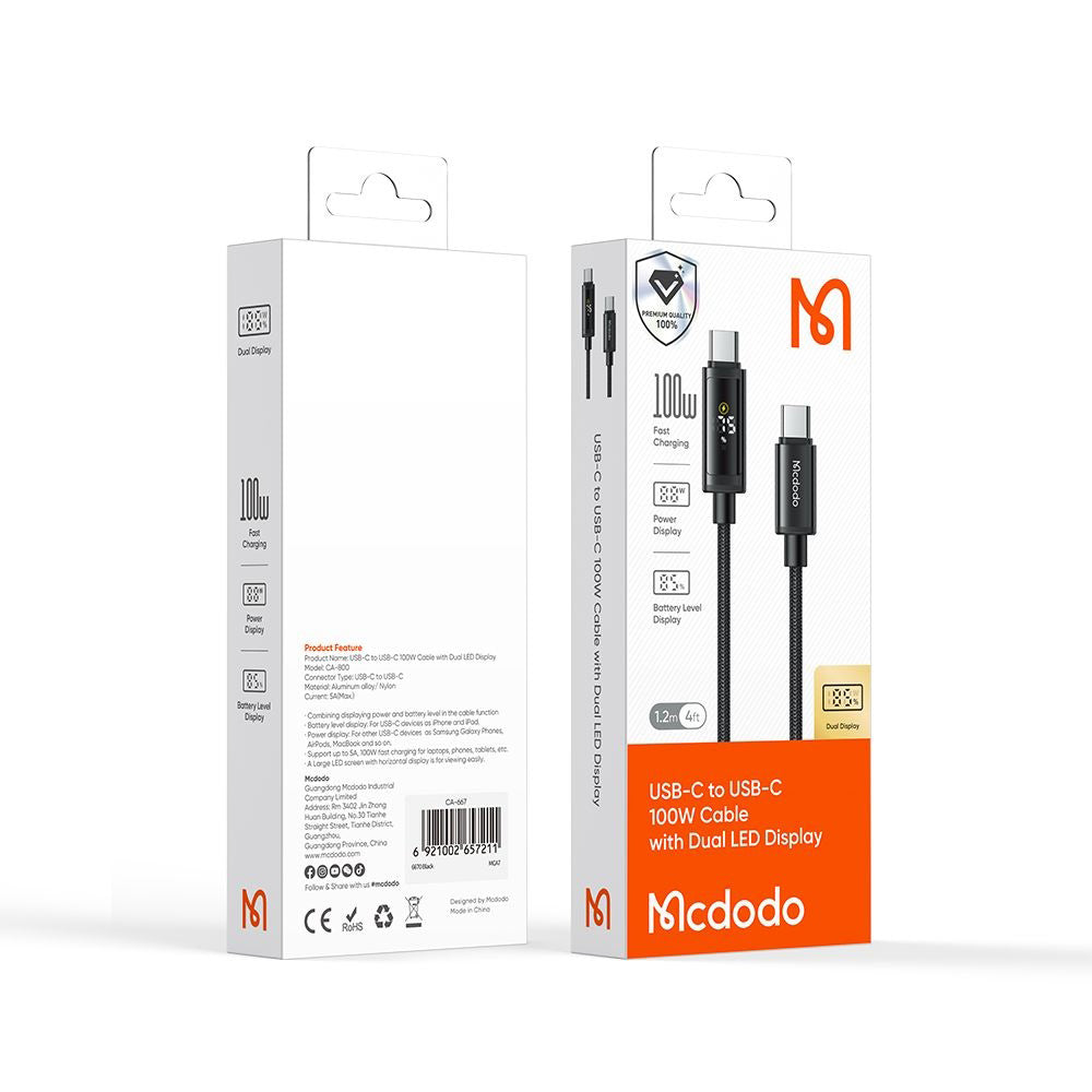 Cablu Mcdodo (CA-8000), USB-C to USB-C, Dual LED Display, 100W, Fast Charging, 1.2m, Negru