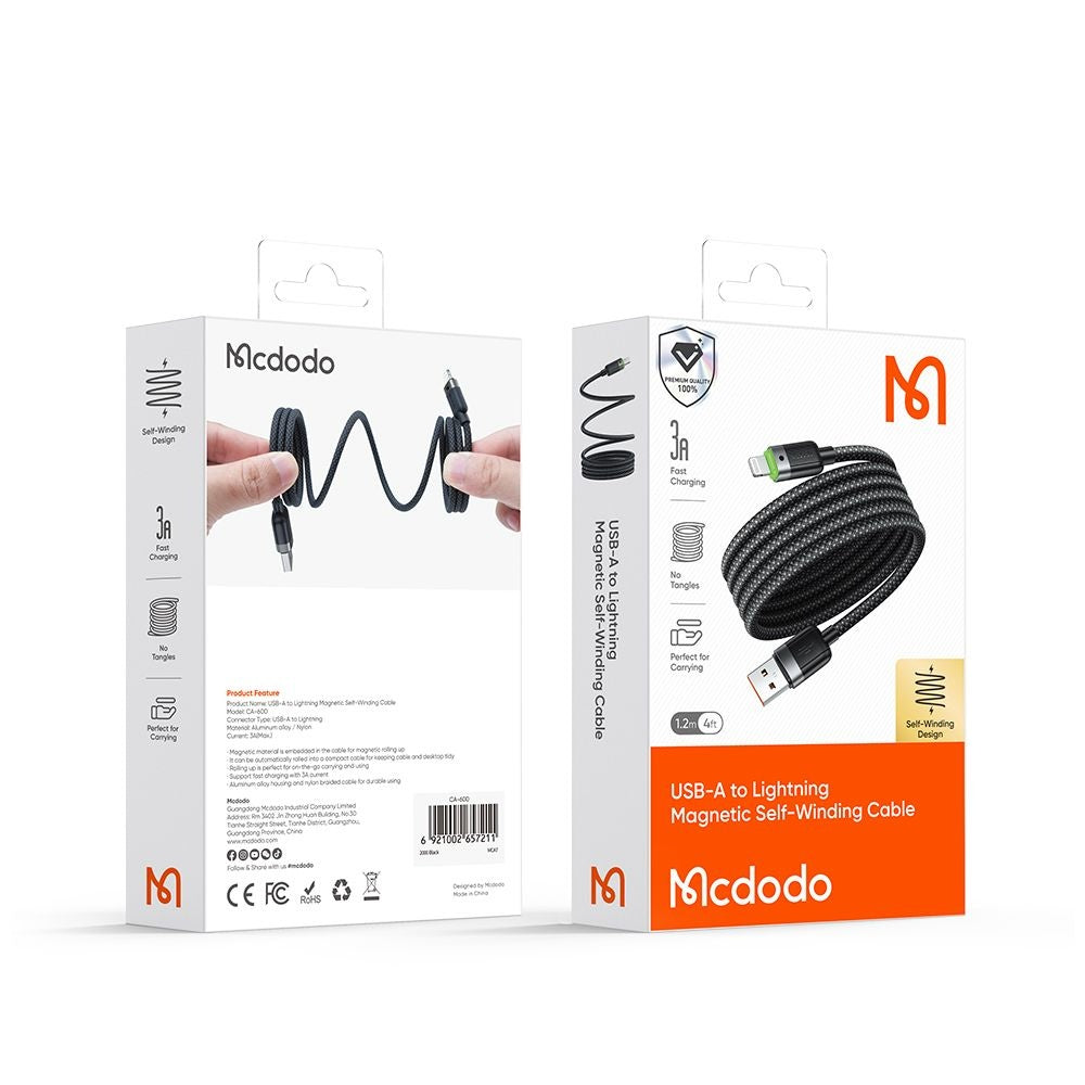 Cablu Mcdodo Self-Winding Series (CA-6000), USB-A to Lightning, 3A, 1.2m, Negru