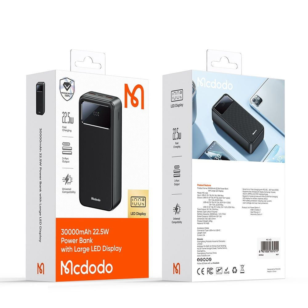Baterie externa Mcdodo MC-4240, 30000mAh, Type-C + 2x USB-A, 22.5W, Negru