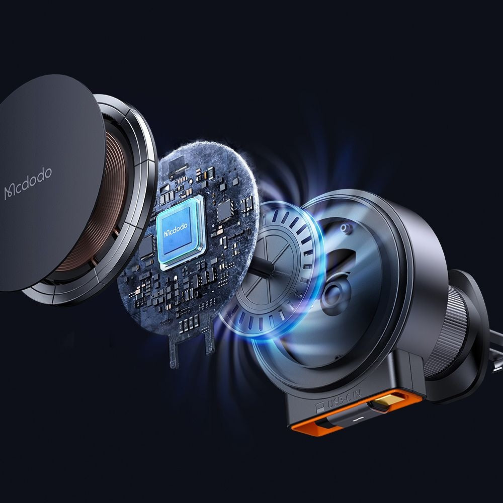 Suport Mcdodo with Wireless Charging (CH-0090), for Air Vent, 15W, Qi2, Built-in Retractable Cable, Negru