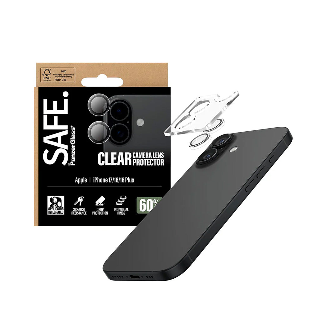 Folie de protectie PanzerGlass® SAFE. Camera Lens compatibil cu iPhone 17 / iPhone 16 / iPhone 16 Plus, Transparent