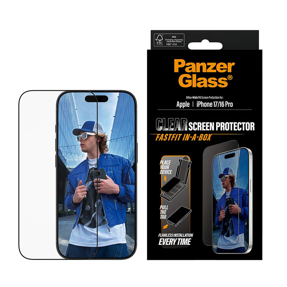 Folie de protectie PanzerGlass® Ultra-Wide Fit w. FASTFIT IN-A-BOX compatibil cu iPhone 17 / iPhone 16 Pro, Negru
