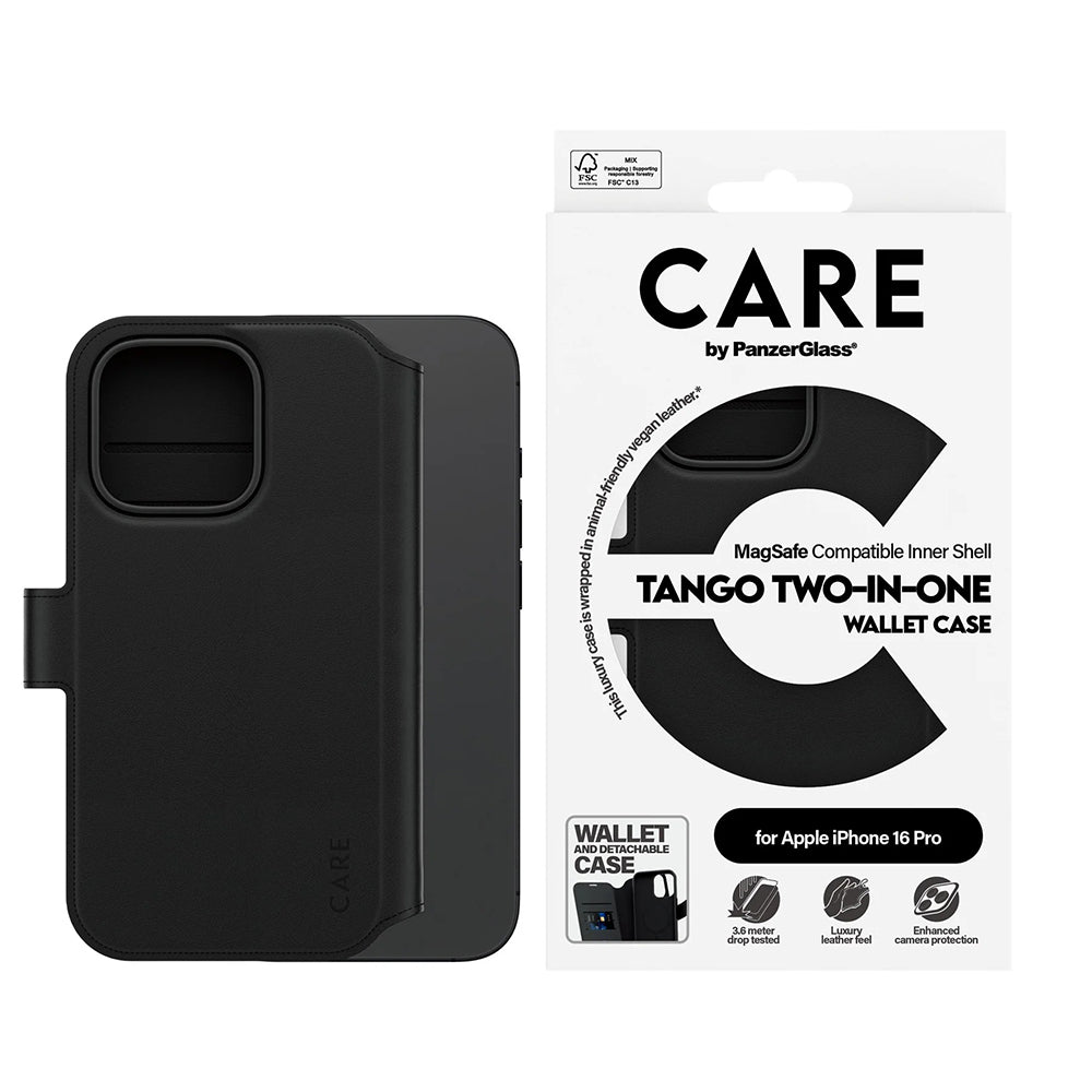 Husa de protectie PanzerGlass® CARE Feature MagSafe Tango Two-in-One Wallet compatibil cu iPhone 16 Pro, Negru
