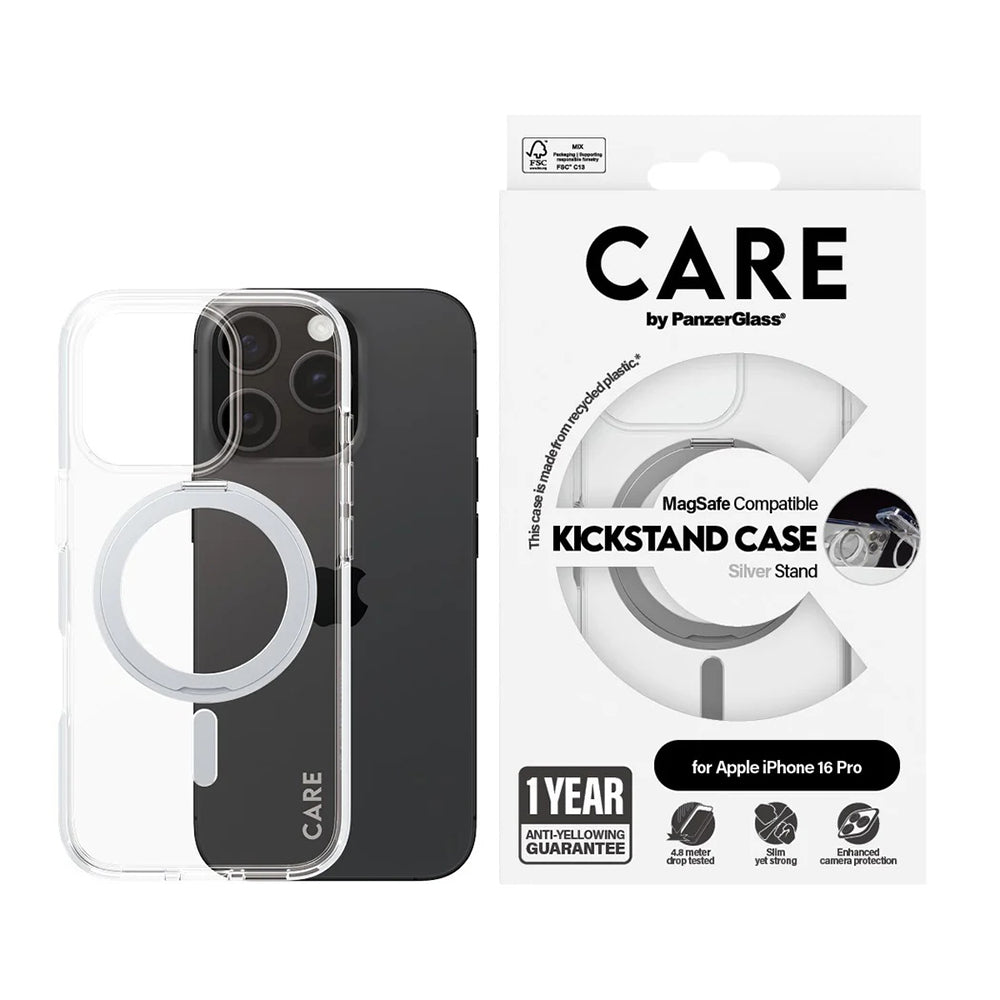 Husa de protectie PanzerGlass® CARE Feature Silver Kickstand & MagSafe compatibil cu iPhone 16 Pro, Transparent