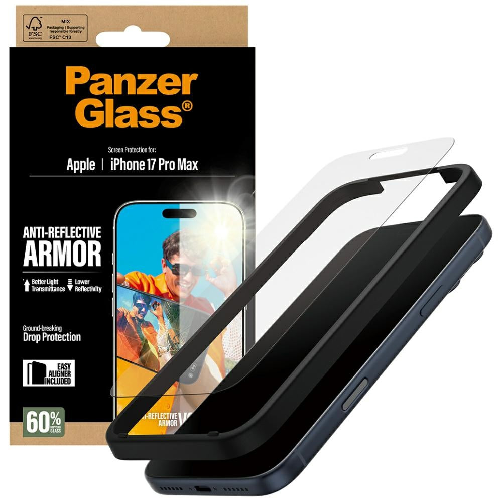 Folie de protectie PanzerGlass® Anti-Reflective Armor w. EasyAligner compatibil cu iPhone 17 Pro Max, Transparent Mat
