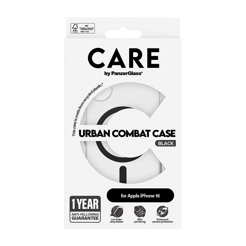 Husa de protectie PanzerGlass® CARE Flagship Urban Combat Black MagSafe compatibil cu iPhone 16, Transparent