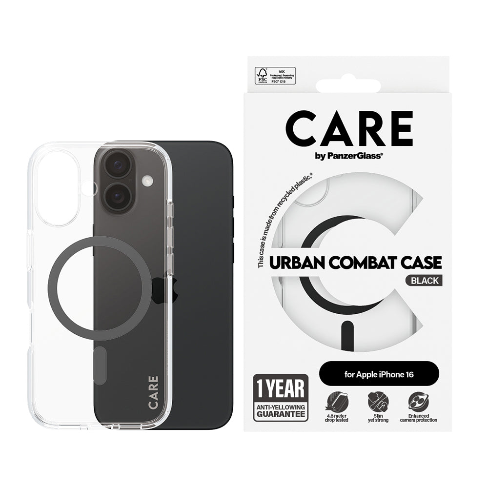 Husa de protectie PanzerGlass® CARE Flagship Urban Combat Black MagSafe compatibil cu iPhone 16, Transparent