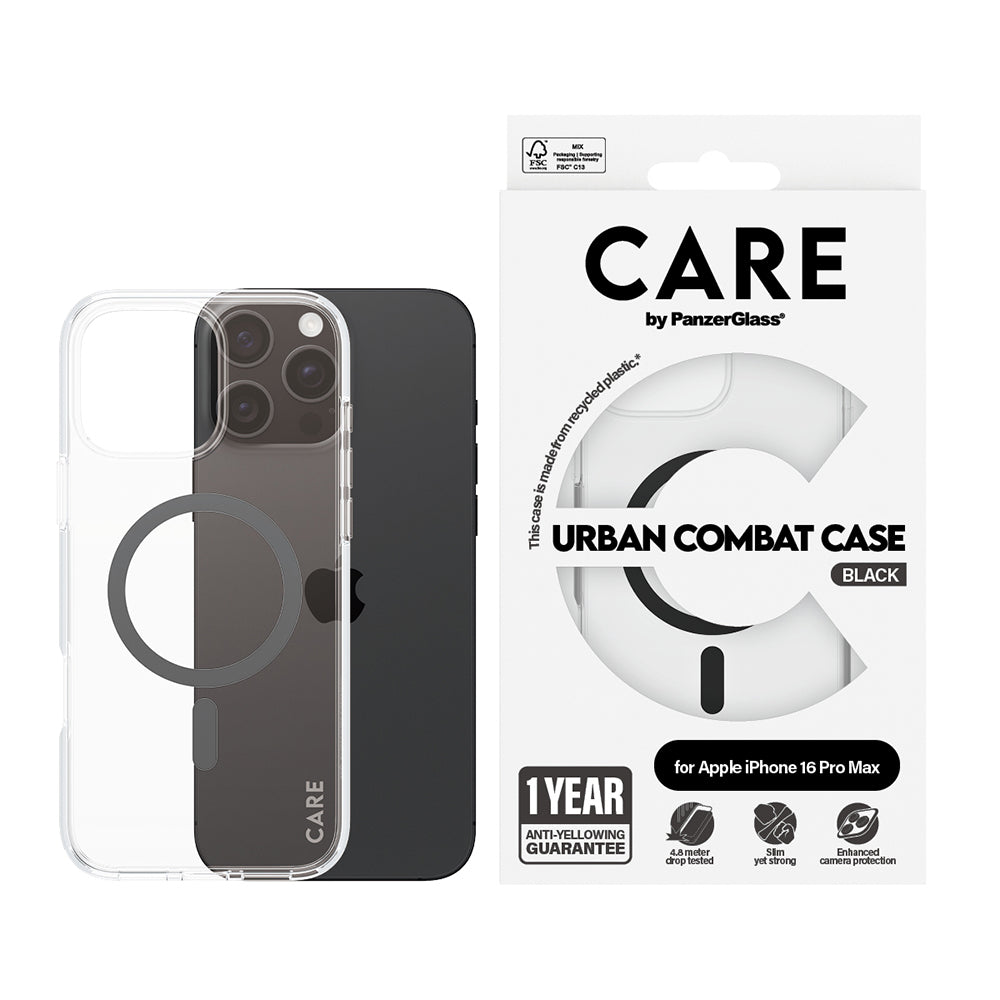 Husa de protectie PanzerGlass® CARE Flagship Urban Combat Black MagSafe compatibil cu iPhone 16 Pro, Transparent