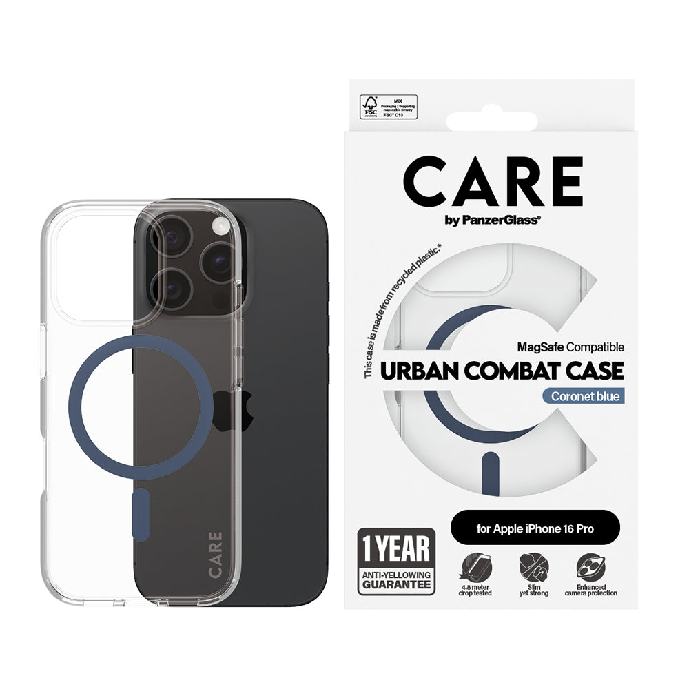 Husa de protectie PanzerGlass® CARE Flagship Urban Combat Blue MagSafe compatibil cu iPhone 16 Pro, Transparent