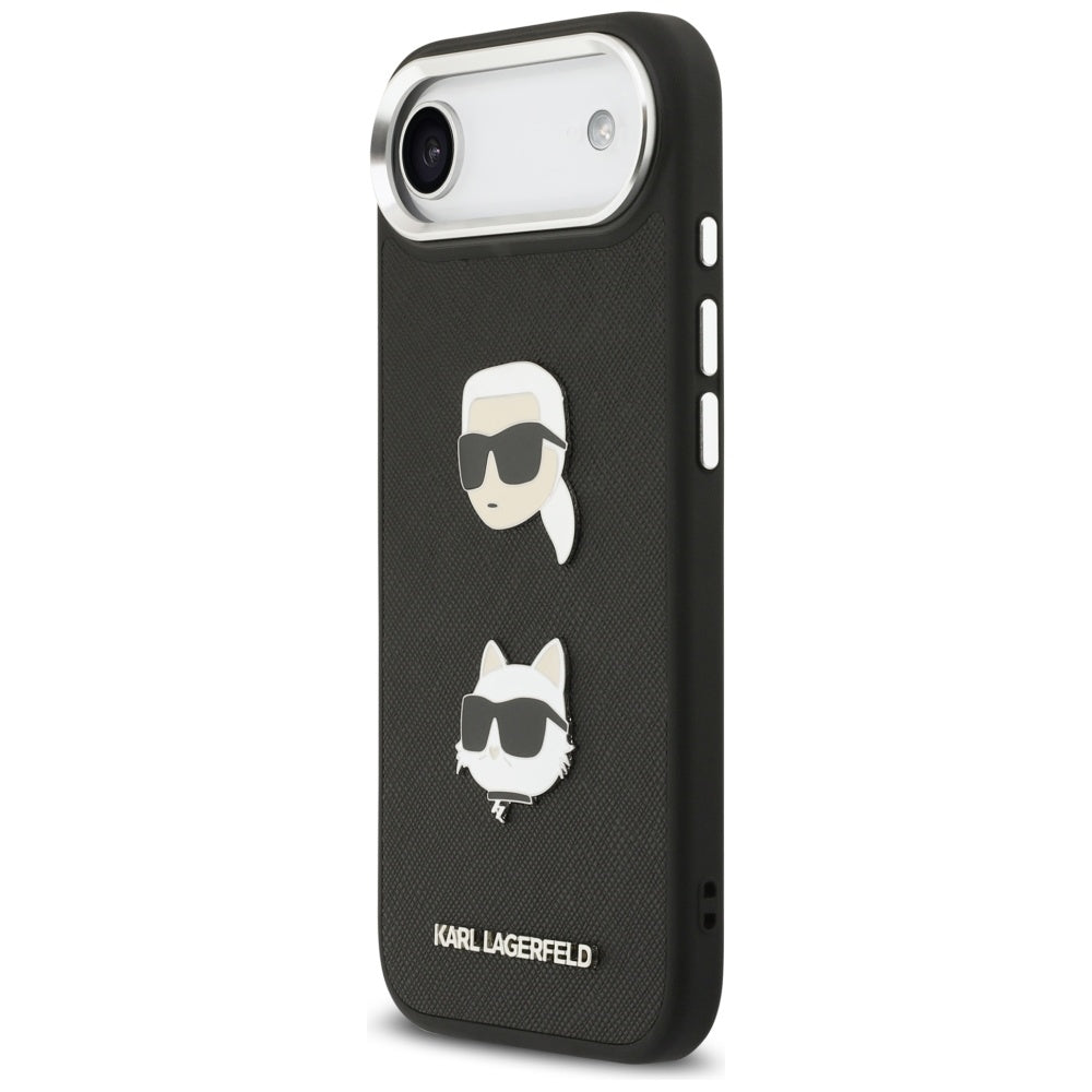 Husa de protectie Karl Lagerfeld FW Grained Karl & Choupette Heads Pins & Logo (KLHCP17MPSFDHPOK) compatibil cu iPhone 17 Air, Negru