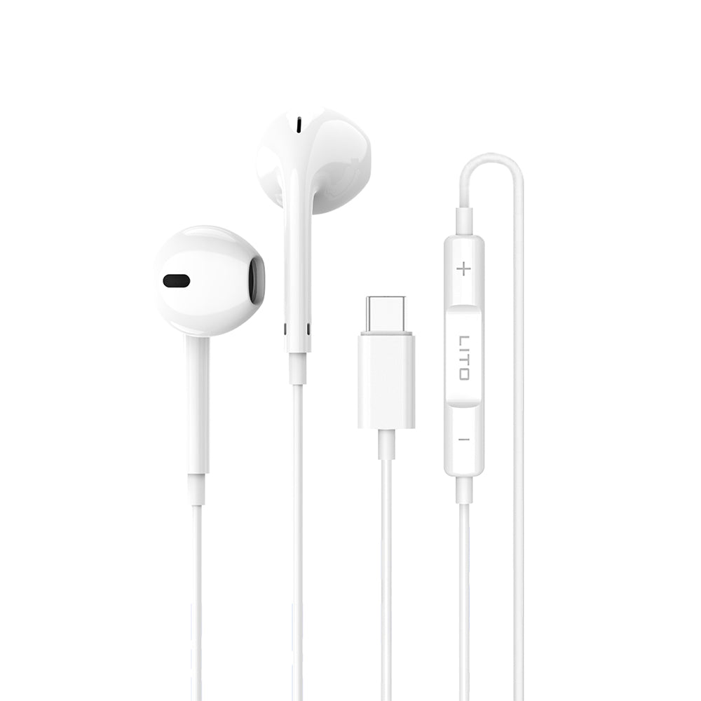 Casti Lito Wired Earphones (LF01T), Type-C, Stereo, Half In-ear, with HD Microphone, 1.2m, Alb